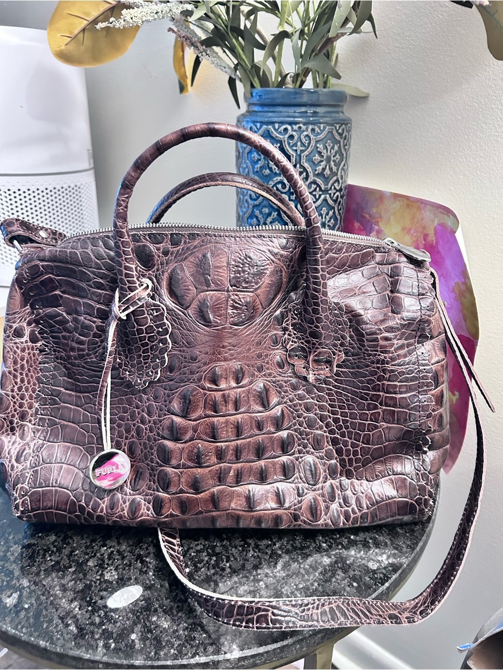 Furla Dark Brown Croc-Embossed Leather Satchel with Strap